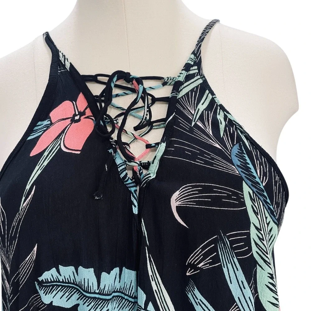 Lagaci XL Tropical Floral Lace-Up Sundress Beach Cover-Up‎ Black Pink Blue Pool
